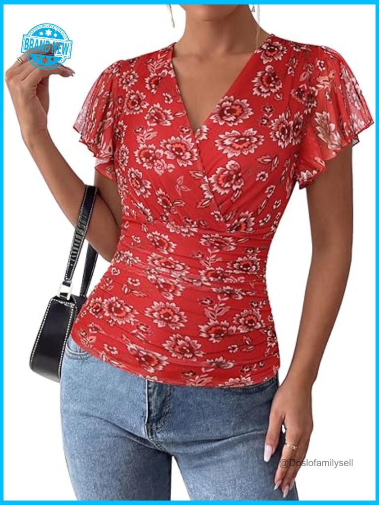Mesh Ruffle Sleeve Wrap Blouse Dressy Casual Floral Top Y2k Boho Fashion